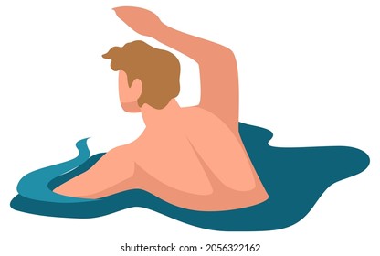 Swimming man, seaside rest and vacation. Sportive male character practising skills or training for competition. Relaxing in ocean or sea waters. Isolated personage surrounded by waves. Vector in flat