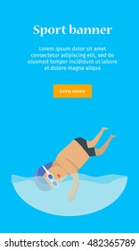 Swimming man, sports banner. Swimmer in goggles and cap in swimming pool. Species of event. Vector background for web, print and other projects. Summer games background.