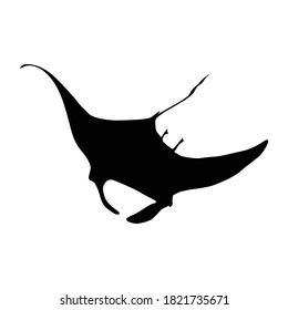 Swimming Manta Ray (Manta Birostris) On a Front View Silhouette Found In Map Of Ocean All Around The World. Good To Use For Element Print Book, Animal Book and Animal Content