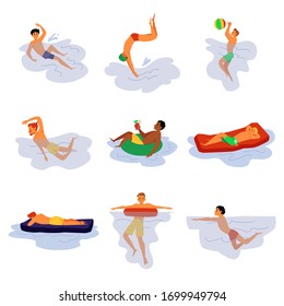 Swimming men cartoon characters set, flat vector illustration isolated on white background. Swimmer personage in pool or at beach, water activity and sports.