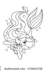 Swimming mermaid coloring page. Black and white cartoon illustration