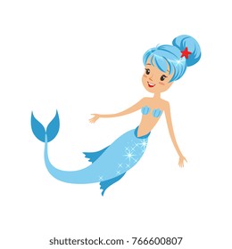 Swimming mermaid girl with happy face expression, blue hair and fish tail. Cartoon fantastic creature from underwater world. Flat vector illustration sticker, print or postcard
