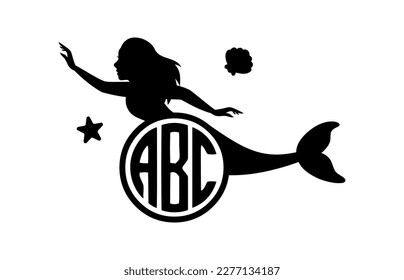 Swimming mermaid with monogram. Kids monogram. Little creature with tail black symbol. Magical mermaids and siren logo. Mythical tale character