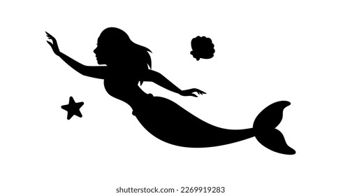 Swimming mermaid silhouette. Little creature with tail black symbol. Magical mermaids and siren logo. Mythical tale character in water