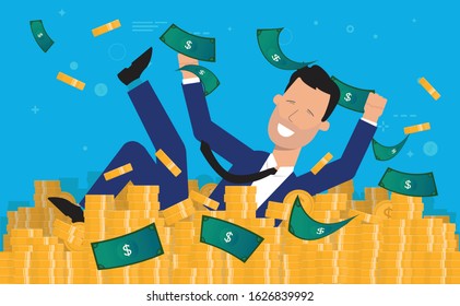 Swimming in money - Super happy millionaire man taking a swim in cash. Money flying around, big smile on his face. Rich, winner, billionaire, happiness concept. Vector illustration.