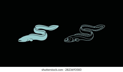 Swimming moray eel silhouette and line art design with swimming, silhouette