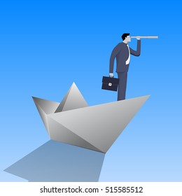 Swimming on paper boat business concept. Confident businessman in business suit with case and looking glass swimming on paper boat. Searching for opportunities, looking for solution.