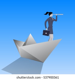 Swimming on paper boat business concept. Confident business woman in business suit with case and looking glass swimming on paper boat. Searching for opportunities, looking for solution.