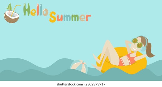 Swimming on the rubber ring woman with ball in the sea. Hello summer mock up with copy space. Cute bright summer vector illustration in flat cartoon style for product design