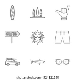 Swimming on surf icons set. Outline illustration of 9 swimming on surf vector icons for web