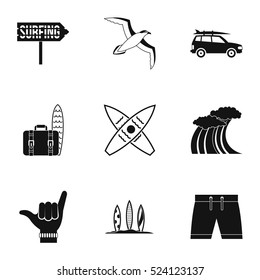 Swimming on surf icons set. Simple illustration of 9 swimming on surf vector icons for web