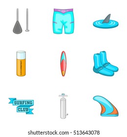 Swimming on surfboard icons set. Cartoon illustration of 9 swimming on surfboard vector icons for web