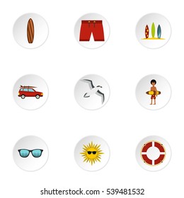 Swimming on surfboard icons set. Flat illustration of 9 swimming on surfboard vector icons for web