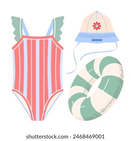 Traje de baño rojo y azul de una sola pieza para niña, sombrero solar con cordones, círculo inflable a rayas de natación. Linda Ilustración vectorial de ropa para relajarse con los niños en la playa del mar.