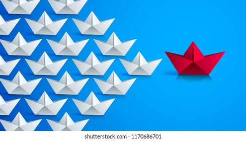 Swimming origami ship leading the team group of smaller ships, business leadership concept, vector modern style 3d realistic illustration. Marine sea armada, military.