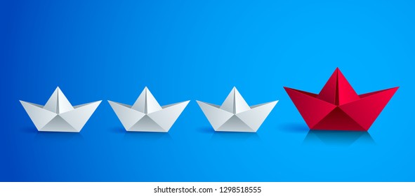 Swimming origami ship leading the team group of smaller ships, business leadership concept, vector modern style 3d realistic illustration.