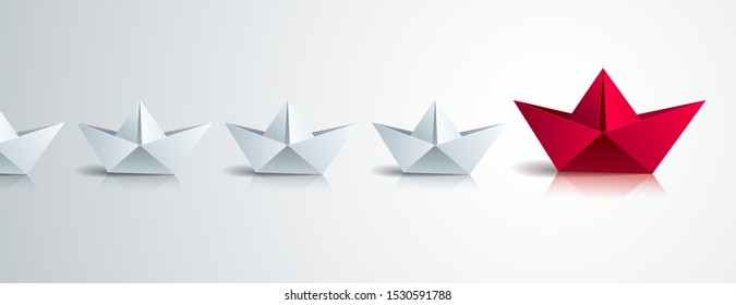 Swimming origami ship leading the team group of smaller ships, business leadership concept, vector modern style 3d realistic illustration.