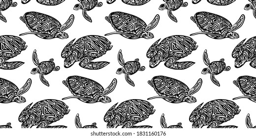 Swimming ornate turtles seamless pattern. Vector black ink drawing animal background. Hand drawn monochrome graphic illustration.