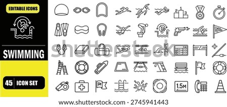 Swimming Outline Icon Set, Water Sport, Pool Activities, Swim Training, Lifeguard Equipment, Beach and Summer, Linear Editable Stroke Vector Illustration