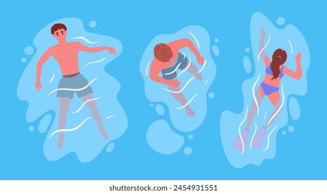 Swimming people. Characters floating in ocean or pool, summer vacation activities flat vector illustration set. People relaxing and swimming in water