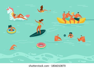 Swimming people. Happy men and woman in swimsuit play ball, swim and surf in sea or ocean, summer beach leisure activities on vacations, flat vector colorful cartoon illustration