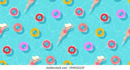 Swimming people in sea, ocean or swimming pool seamless pattern with inflatable life ring, floating buoy in wavy water. Summer vacation background