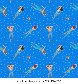 Swimming people. Summer sea vacation illustration. Vector seamless pattern.