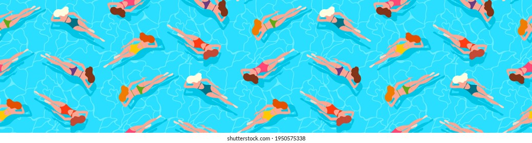 Swimming people  in water seamless pattern. Swimming pool, sea, ocean summer vacation illustration background. 