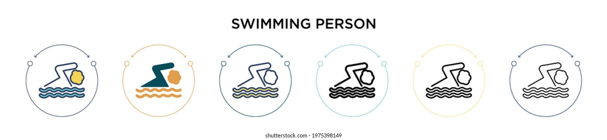 Swimming person icon in filled, thin line, outline and stroke style. Vector illustration of two colored and black swimming person vector icons designs can be used for mobile, ui, web