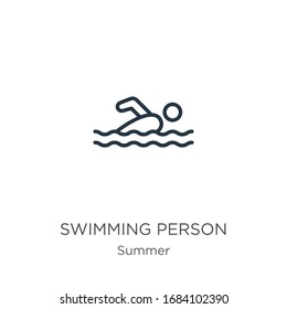 Swimming person icon. Thin linear swimming person outline icon isolated on white background from summer collection. Line vector sign, symbol for web and mobile