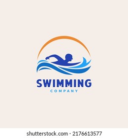 Swimming person illustration with ocean water wave vector icon logo design