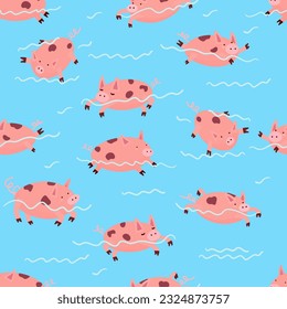
swimming pigs seamless vector pattern