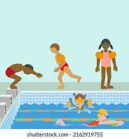 Swimming and playing children  with diversity background.