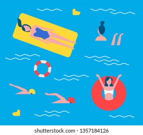 Swimming pool active lifestyle set of people in basin. Mattress lifebuoy saving ring worn by lady waving hands. Professional swimmers sportsman vector
