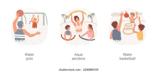 Swimming pool activities isolated cartoon vector illustration set. Play water polo, swimming pool game, family do aqua aerobics, poolside basketball, throwing a ball in small hoop vector cartoon.