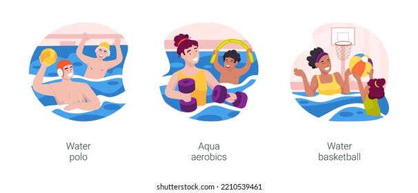 Swimming pool activities isolated cartoon vector illustration set. Play water polo, swimming pool game, family do aqua aerobics, poolside basketball, throwing a ball in small hoop vector cartoon.