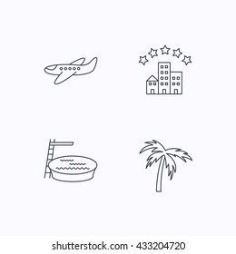 Swimming pool, airplane and palm tree icons. Hotel linear sign. Flat linear icons on white background. Vector