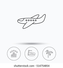 Swimming pool, airplane and palm tree icons. Hotel linear sign. Linear icons in circle buttons. Flat web symbols. Vector