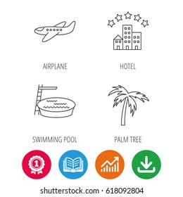Swimming pool, airplane and palm tree icons. Hotel linear sign. Award medal, growth chart and opened book web icons. Download arrow. Vector
