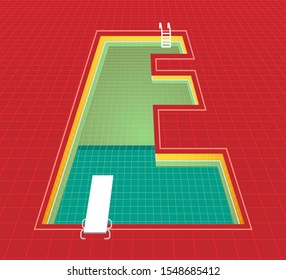 swimming pool alphabet E character. red tone background. vector illustration eps10