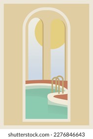 Swimming pool and arches interior illustration poster. view through window flat design, modern house