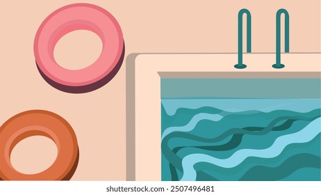 Swimming pool with azure water and inflatable rings, entrance to the pool with handrails, entertainment while relaxing in the pool on sunny day