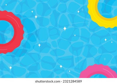 Swimmingpool-Hintergrund-Design mit blauem Wasser und aufblasbaren Ringen. Sommerhintergrund, Vektorgrafik. 