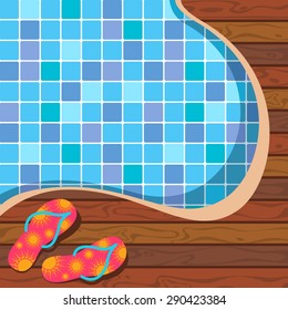 Swimming pool background with flip flops over the wooden pier