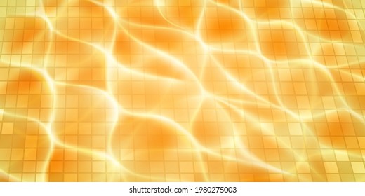 Swimming pool background with mosaic tiles, sunlight glares and caustic ripples. Top view of the water surface. In yellow colors
