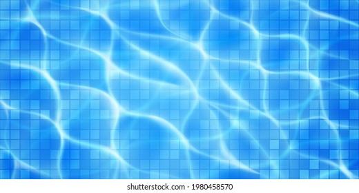 Swimming pool background with mosaic tiles, sunlight glares and caustic ripples. Top view of the water surface. In light blue colors