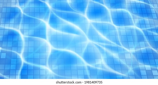 Swimming pool background with mosaic tiles, sunlight glares and caustic ripples. Top view of the water surface. In light blue colors