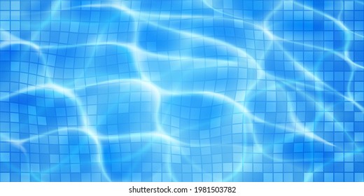 Swimming pool background with mosaic tiles, sunlight glares and caustic ripples. Top view of the water surface. In light blue colors