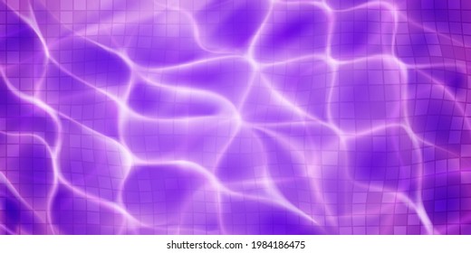 Swimming pool background with mosaic tiles, sunlight glares and caustic ripples. Top view of the water surface. In purple colors