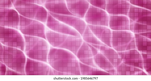 Fondo de la piscina con mosaicos, lámparas solares y olas cáusticas. Vista superior de la superficie del agua. En colores rojos